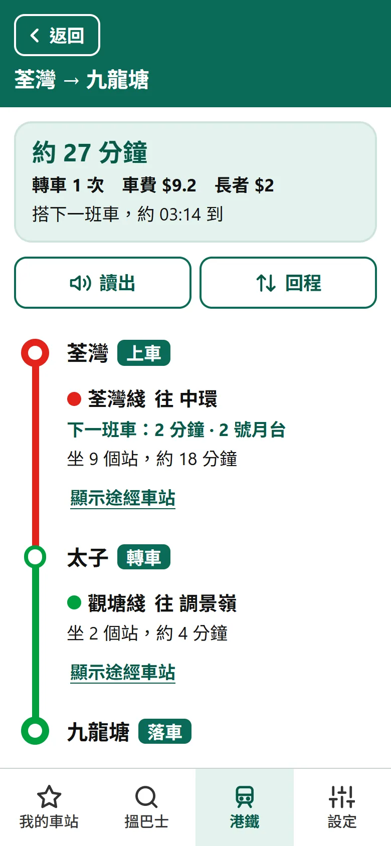 有巴士顯示港鐵行程：在哪裡上車、下一班車 3 分鐘後到達，以及在哪裡落車